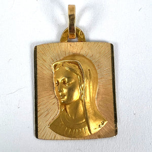 French Perroud Virgin Mary 18K Yellow Gold Rectangular Medal Pendant