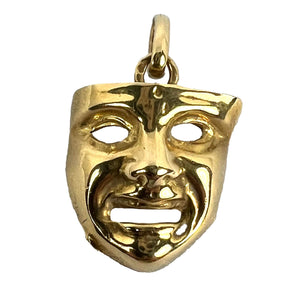 Vintage French Comedy Tragedy Theatre Drama Mask 18K Yellow Gold Charm Pendant