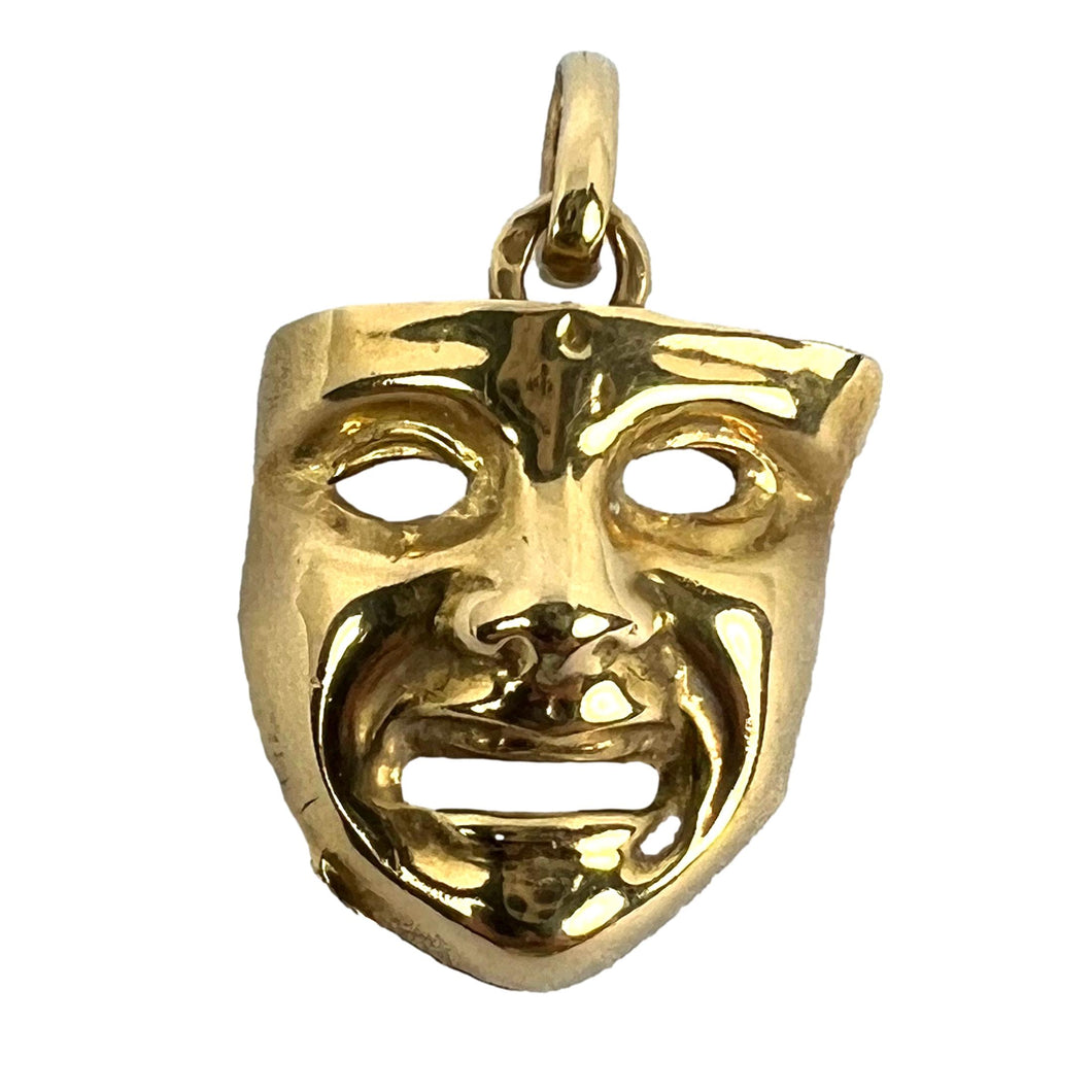 Vintage French Comedy Tragedy Theatre Drama Mask 18K Yellow Gold Charm Pendant