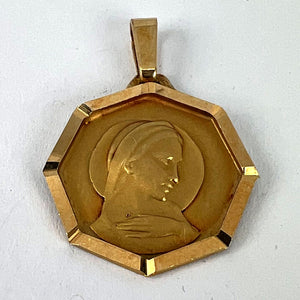 French Virgin Mary Octagonal 18K Yellow Gold Medal Charm Pendant