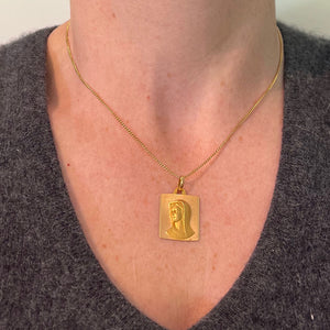 French Perroud Virgin Mary 18K Yellow Gold Rectangular Medal Pendant