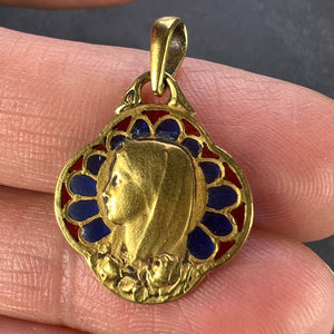 French Virgin Mary Plique A Jour Enamel 18K Yellow Gold Charm Pendant