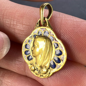 French Virgin Mary Plique A Jour Enamel 18K Yellow Gold Charm Pendant