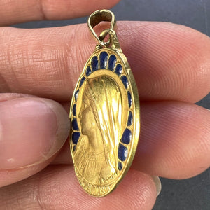 French Dropsy Virgin Mary Plique A Jour Enamel 18K Yellow Gold Pendant Medal