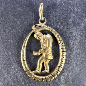 Ouroboros Serpent Snake Man 18K Yellow Gold Enamel Charm Pendant