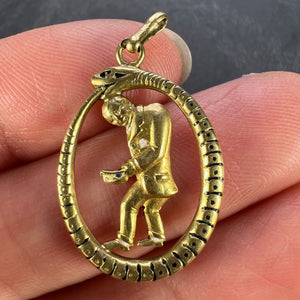 Ouroboros Serpent Snake Man 18K Yellow Gold Enamel Charm Pendant