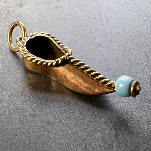 Curled Toe Shoe 14K Yellow Gold Blue Bead Charm Pendant