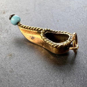 Curled Toe Shoe 14K Yellow Gold Blue Bead Charm Pendant