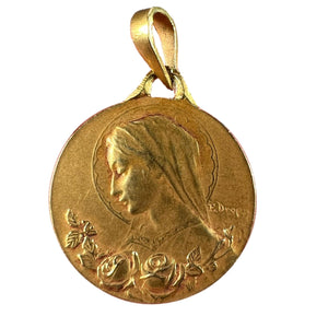 French Dropsy Virgin Mary 18K Yellow Gold Medal Charm Pendant
