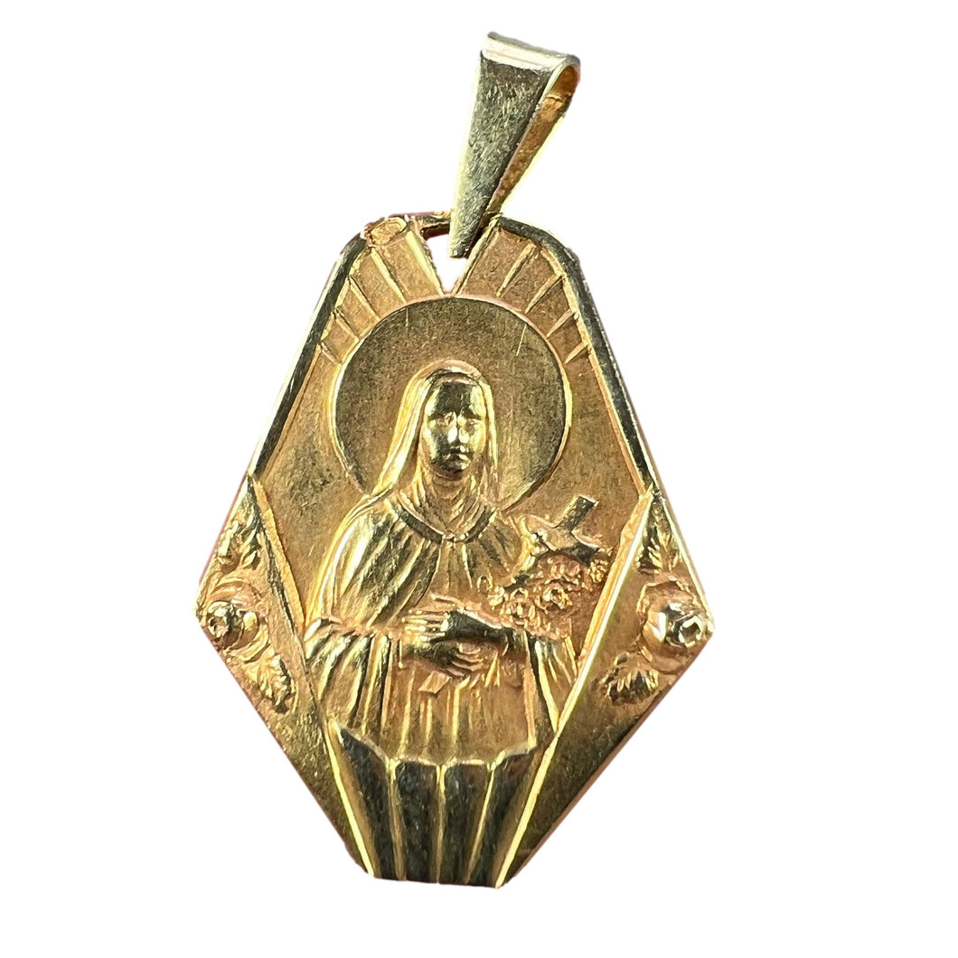 French 18K Yellow Gold St Therese Charm Pendant