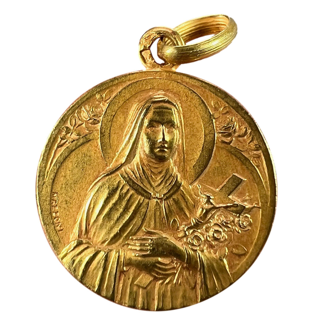 French Mazzoni 18K Yellow Gold St Therese Medal Charm Pendant