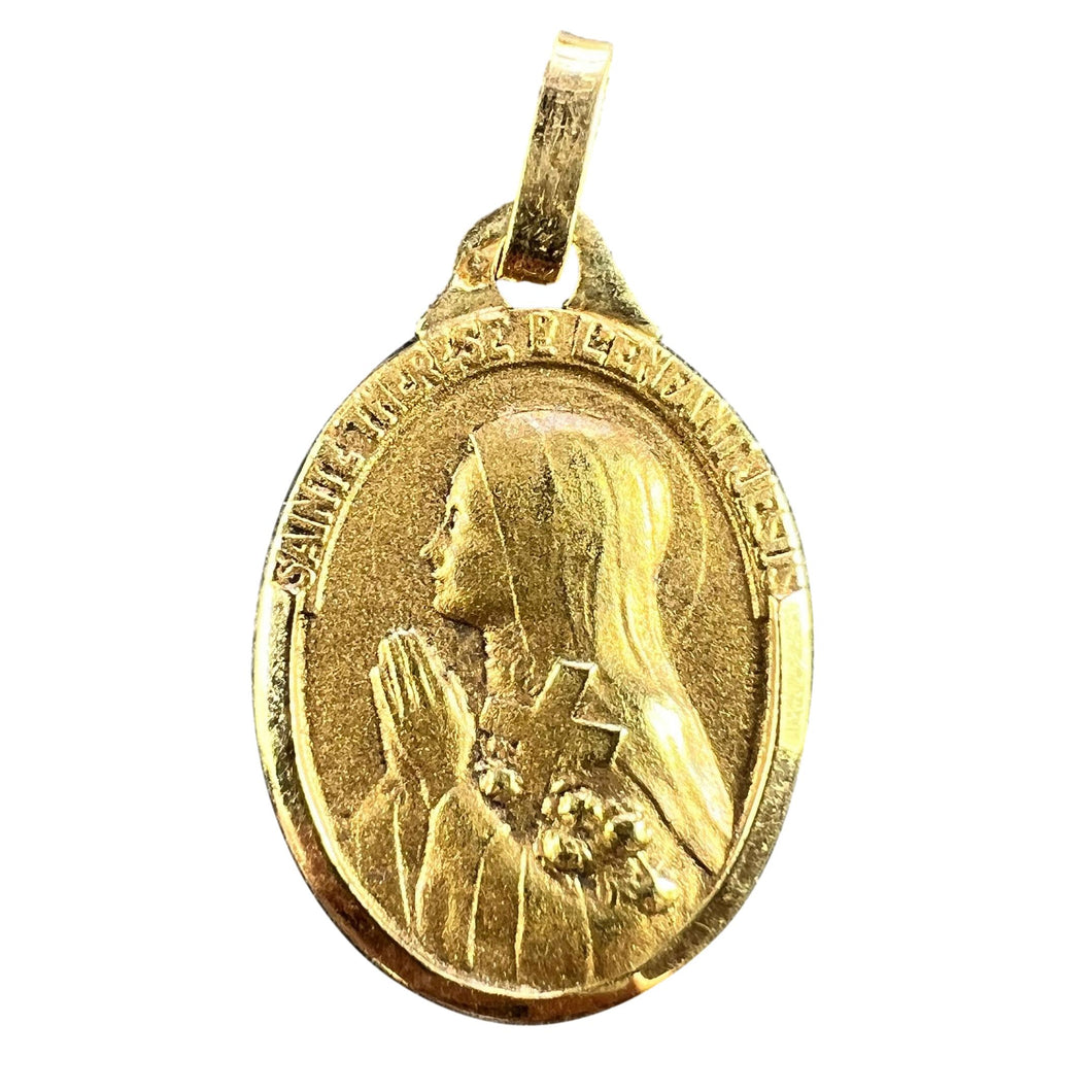 French 18K Yellow Gold St Therese Medal Charm Pendant