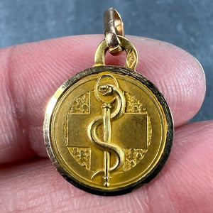 French Rod of Asclepius Blood Type Medical 18K Yellow Gold Perroud Charm Pendant