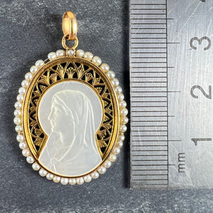 Vintage French 18K Yellow Gold Pearl Mother-of-Pearl Virgin Mary Charm Pendant
