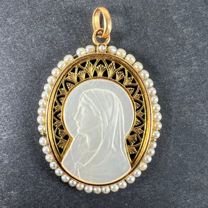 Vintage French 18K Yellow Gold Pearl Mother-of-Pearl Virgin Mary Charm Pendant