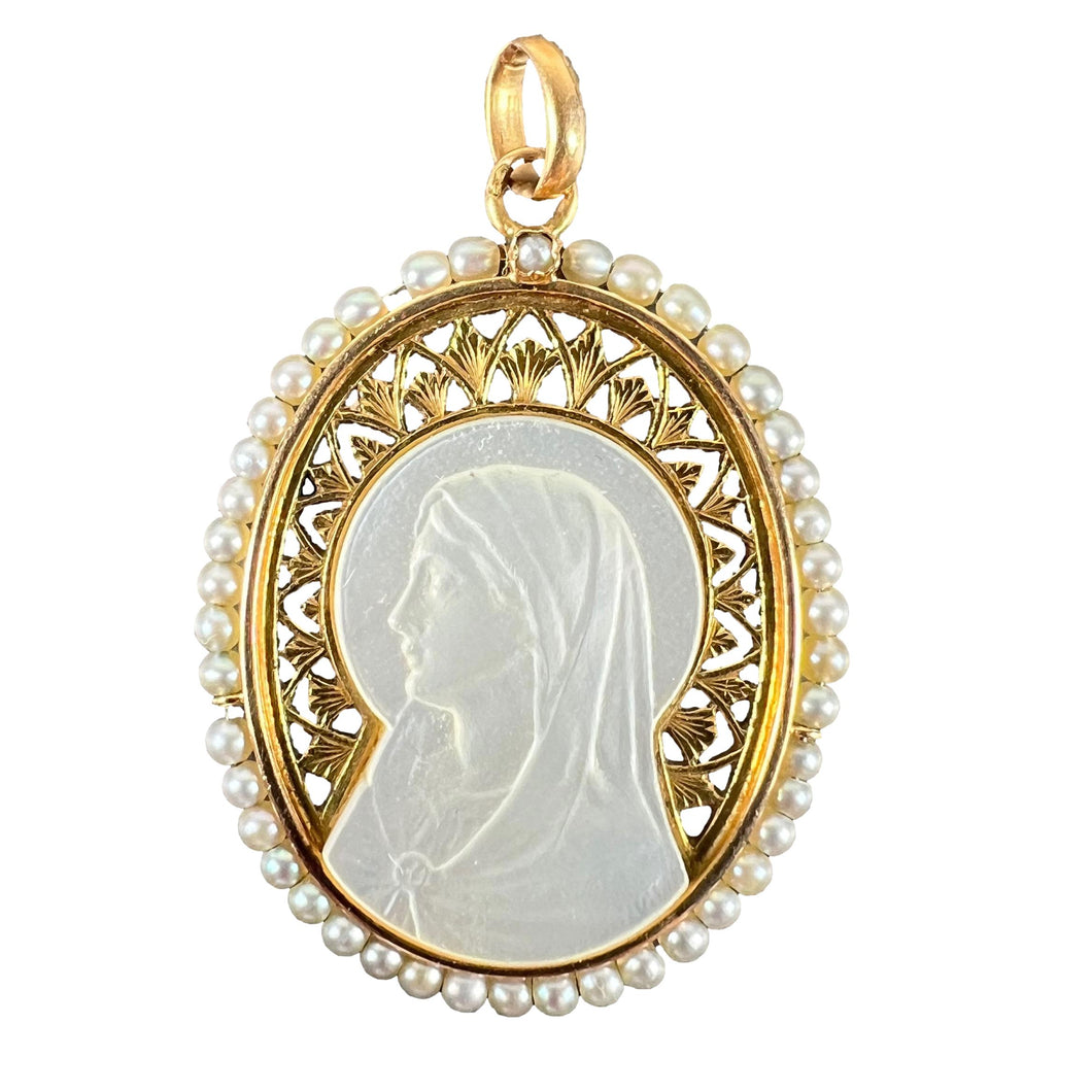 Vintage French 18K Yellow Gold Pearl Mother-of-Pearl Virgin Mary Charm Pendant