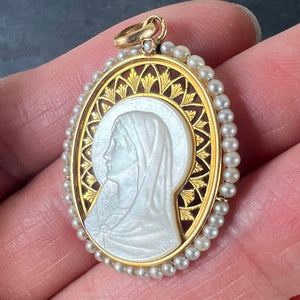Vintage French 18K Yellow Gold Pearl Mother-of-Pearl Virgin Mary Charm Pendant