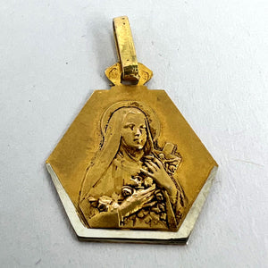 French Perriat St Therese 18K Yellow White Gold Charm Medal Pendant