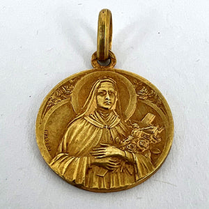 French Mazzoni 18K Yellow Gold St Therese Medal Charm Pendant