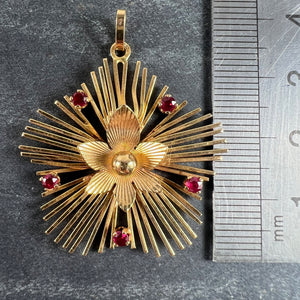 Vintage French Flower Sunburst 18K Yellow Gold Ruby Pendant Necklace