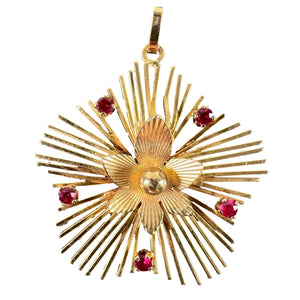 Vintage French Flower Sunburst 18K Yellow Gold Ruby Pendant Necklace