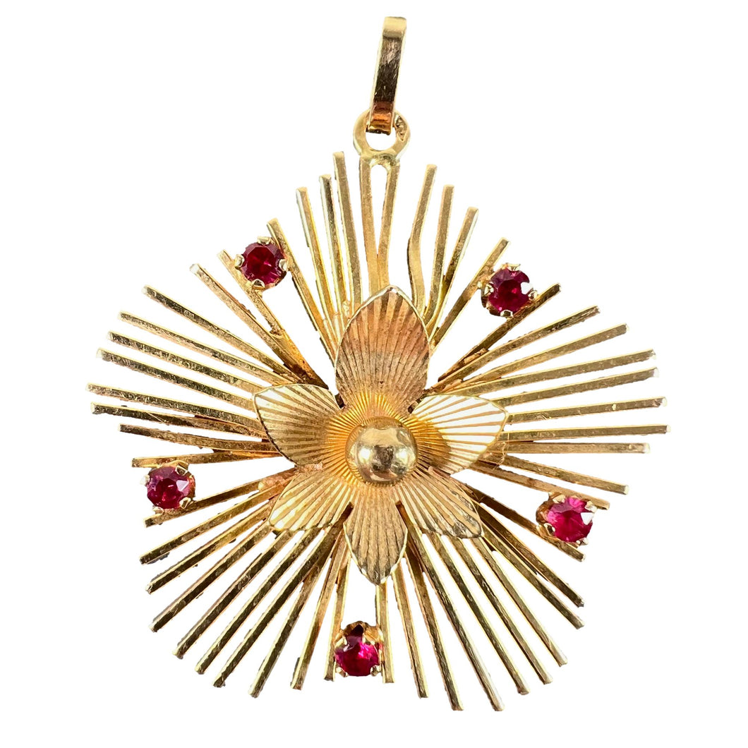 Vintage French Flower Sunburst 18K Yellow Gold Ruby Pendant Necklace