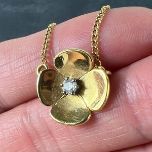 Vintage French Quatrefoil Flower 18K Yellow Gold Diamond Pendant Necklace