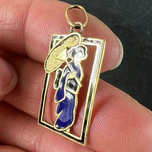 Load image into Gallery viewer, Vintage Deco Japanese Lady Geisha Kimono Enamel 18K Yellow Gold Charm Pendant

