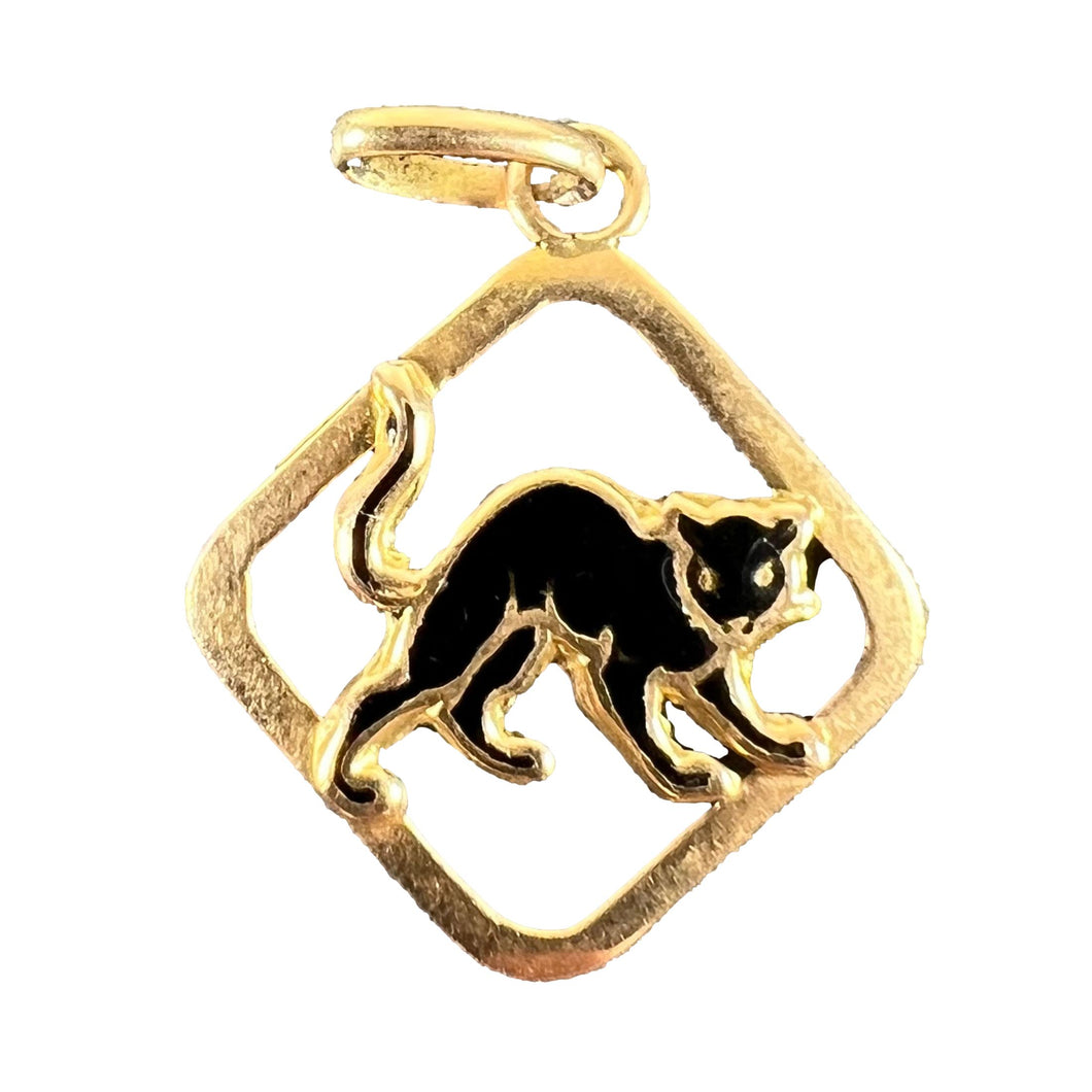 Vintage French Lucky Black Cat Enamel 18K Yellow Gold Charm Pendant