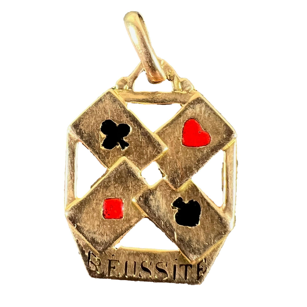French 18K Yellow Gold Enamel ‘Reussite’ Aces Gambling Cards Lucky Charm Pendant