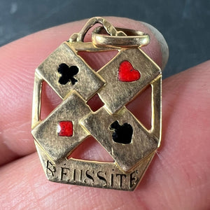 French 18K Yellow Gold Enamel ‘Reussite’ Aces Gambling Cards Lucky Charm Pendant