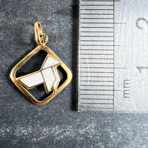 Vintage French White Origami Bird Enamel 18K Yellow Gold Charm Pendant
