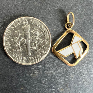 Vintage French White Origami Bird Enamel 18K Yellow Gold Charm Pendant
