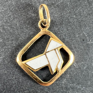 Vintage French White Origami Bird Enamel 18K Yellow Gold Charm Pendant