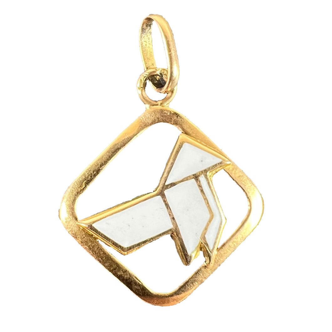 Vintage French White Origami Bird Enamel 18K Yellow Gold Charm Pendant