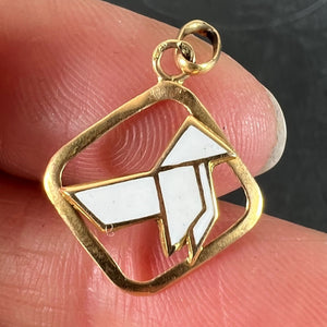 Vintage French White Origami Bird Enamel 18K Yellow Gold Charm Pendant