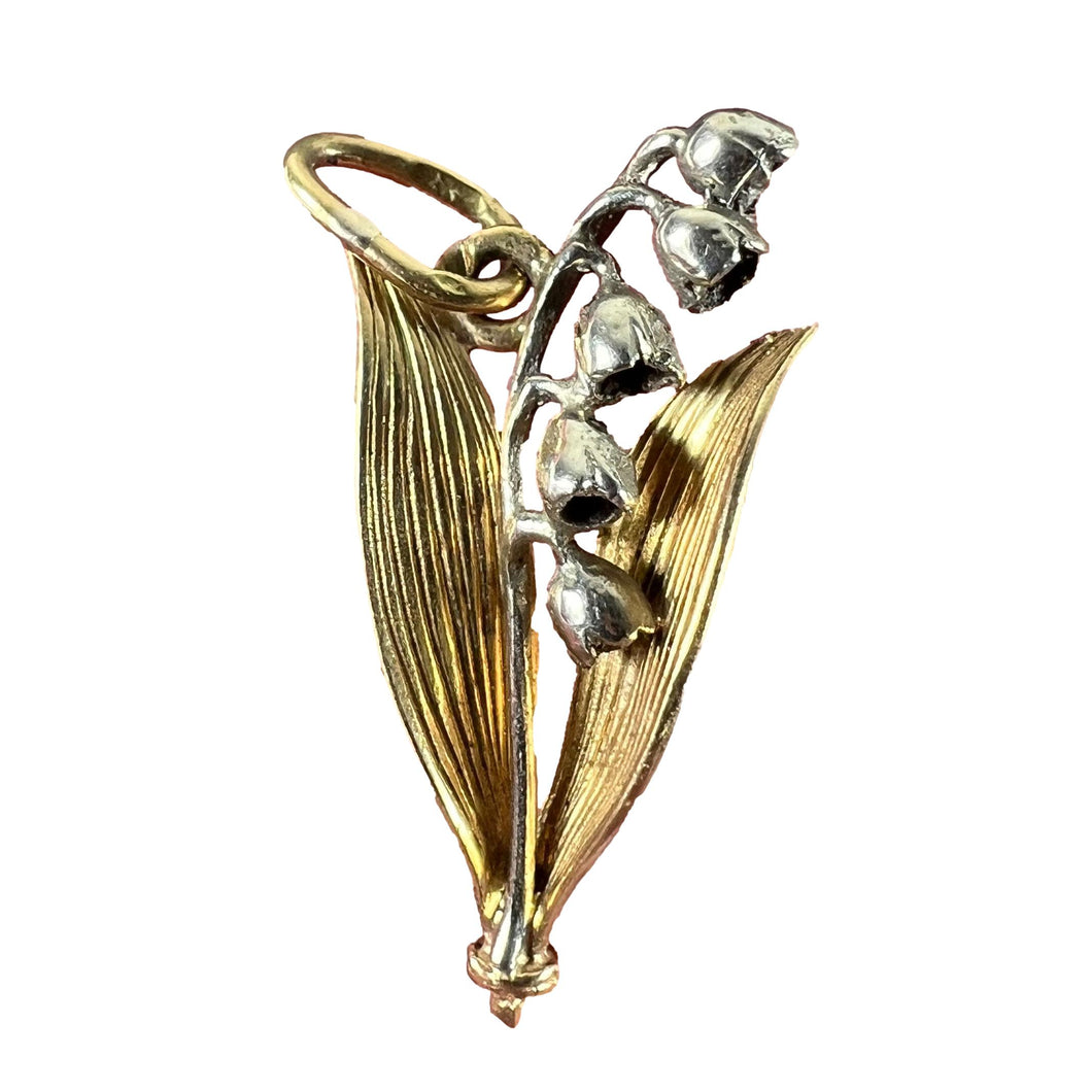 Vintage French Lily of the Valley Flower 18K White Yellow Gold Charm Pendant