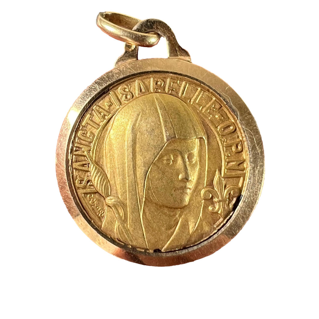 Vintage French Saint Isabelle of France 18 Karat Yellow Gold Medal Charm Pendant