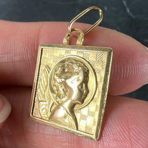 Vintage French Perroud Raphael’s Cherub 18K Yellow Gold Square Medal Pendant