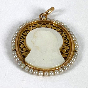 Vintage French 18K Yellow Gold Pearl Mother-of-Pearl Virgin Mary Charm Pendant