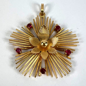 Vintage French Flower Sunburst 18K Yellow Gold Ruby Pendant Necklace