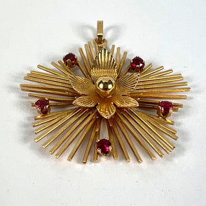 Vintage French Flower Sunburst 18K Yellow Gold Ruby Pendant Necklace