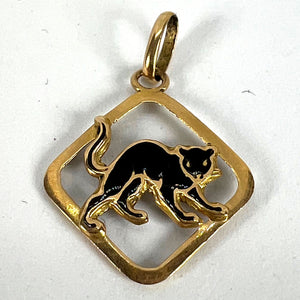 Vintage French Lucky Black Cat Enamel 18K Yellow Gold Charm Pendant