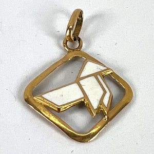 Vintage French White Origami Bird Enamel 18K Yellow Gold Charm Pendant
