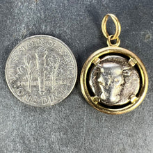 Load image into Gallery viewer, Ancient Silver Bull Head and Artemis Greek Coin in 18K Yellow Gold Frame Pendant
