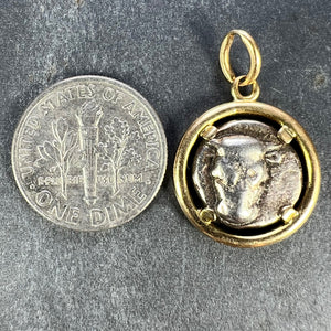 Ancient Silver Bull Head and Artemis Greek Coin in 18K Yellow Gold Frame Pendant