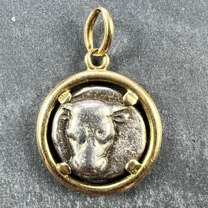 Ancient Silver Bull Head and Artemis Greek Coin in 18K Yellow Gold Frame Pendant