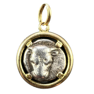 Ancient Silver Bull Head and Artemis Greek Coin in 18K Yellow Gold Frame Pendant