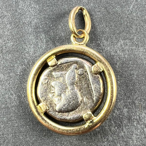 Ancient Silver Bull Head and Artemis Greek Coin in 18K Yellow Gold Frame Pendant