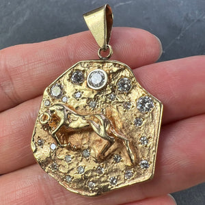 Zodiac Taurus Aries 14K Yellow Gold Diamond Medal Pendant